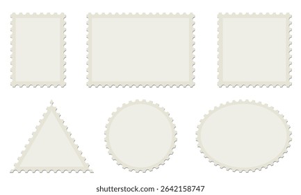 Set of blank postage stamps. Blank postage postmark. Empty mail delivery template.