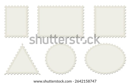 Set of blank postage stamps. Blank postage postmark. Empty mail delivery template.