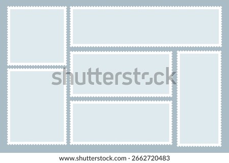 Set of blank postage stamps. Blank postage postmark. Empty mail delivery template.