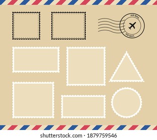 Set blank postage stamps.Toothed border mailing postal sticker template. Vector graphic design.