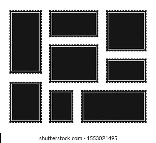 Set blank postage stamp.Toothed border mailing postal sticker template. Vector graphic design.