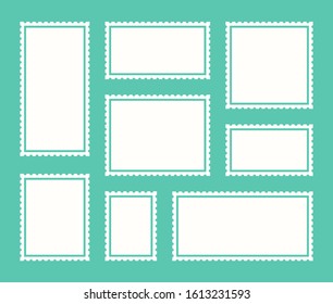 Set blank postage stamp.Toothed border mailing postal sticker template. Vector graphic design.