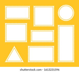 Set blank postage stamp.Toothed border mailing postal sticker template. Vector graphic design.