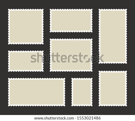 Set blank postage stamp.Toothed border mailing postal sticker template. Vector graphic design.