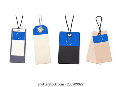 Set of Blank price tags with flag of EU. Photo realistic illustration. Isolated on white. 