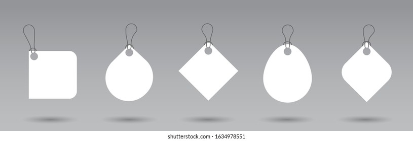 Set of blank price tags gift box or sale shopping labels with rope, in different shapes. White paper empty organic style stickers. Flat design isolated vector.
