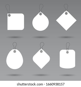 Set of blank price tags gift box or sale shopping labels with rope, in different shapes. White paper empty organic style stickers. Flat design isolated vector.