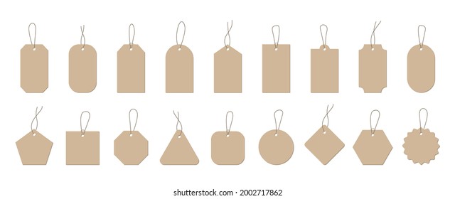 Set of blank price tags. Shopping paper labels with rope. Blank labels for discount and sale. Gift tags in different shapes. Vector illustration.