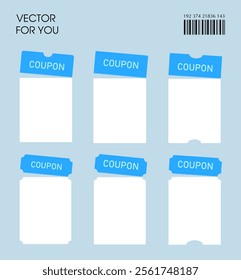 Set of blank printable coupon templates with coupon code, barcode, isolated on background. Coupon book, gift voucher set icon in vector illustration