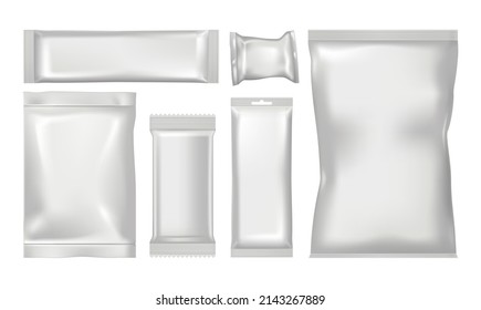 Conjunto de paquetes de productos en blanco sobre fondo blanco, ilustración vectorial realista