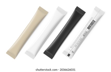 Set of blank realistic packing stick mockup. Front and rear side. Vector illustration isolated on white background. It can be used for sugar, coffee, ketchup, sous and etc. EPS10.