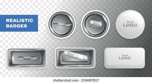 Set of blank rectangular and round metal logo badges back and front views isolated on transparent background realistic vector illustration