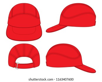 Set Blank Red Baseball Cap With Trim Style Template Vector on  White Background.