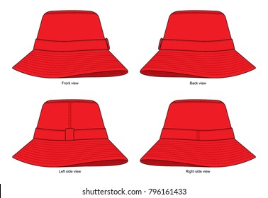 Set Blank Red Bucket Hat Vector For Template.