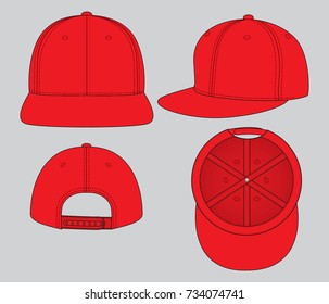Set Blank Red Hip Hop Cap Vector For Template, Snap Back Strap.