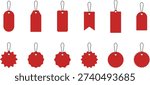 Set of blank red price tags hanging with black strings