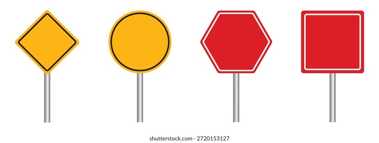 Conjunto de señales de tráfico rojas en blanco o señales de tráfico vacías y señales de tráfico amarillas. Ilustración de símbolo de Vector Básico.