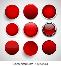 Set of blank red round buttons for website or app. Vector eps10.