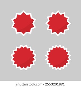 Set of Blank Red Round Starburst Edged Labels with White Borders. Flat Design Illustration.
