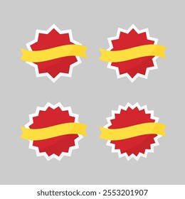 Set of Blank Red Round Starburst Edged Labels with White Borders and Yellow Ribbon. Flat Design Illustration.