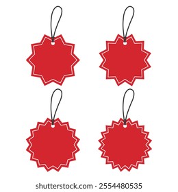 Set of Blank Red Round Starburst Edged Hang Tags with White Borders. Flat Design Illustration.

