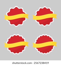  Set of blank red round starburst labels with wavy edges, white borders and yellow ribbons. Flat design illustration.