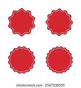Set of blank red round starburst labels with wavy edges and white borders. Flat design illustration.