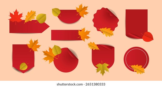 Set of blank red stickers for shopping, sales, special offers for the autumn season. Vector illustration.