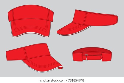 Set Blank Red Sun Visor Cap With White Sandwich And Adjustable Hook And Loop Strap Vector.