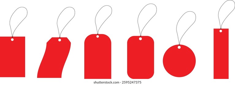 Set of blank red tags with various shape. Labels with rope