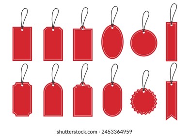  Set of blank red with white border price tag. Flat vector illustration.