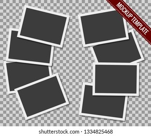 Set of blank retro photographs with mesh shadows isolated on transparent background. Realistic empty photo frames, mockup template. Vector illustration.