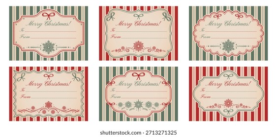 A set of blank retro templates for personalized Christmas gift tags and stickers. Vintage frames on a striped background, snowflakes, and bows. Red and green colors. "From and to" design. Vector illus