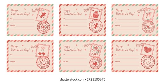 Un conjunto de Plantillas retro en blanco para etiquetas de regalo personalizadas y pegatinas para el día de San Valentín. Diseño de estilo carta con sello postal y sello. Diseño "De y a". Ilustración vectorial.