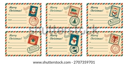 A set of blank retro templates for personalized Christmas gift tags and stickers. Letter-style with a postage stamp and seal. Design 
