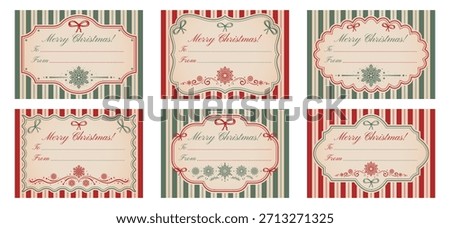 A set of blank retro templates for personalized Christmas gift tags and stickers. Vintage frames on a striped background, snowflakes, and bows. Red and green colors. 