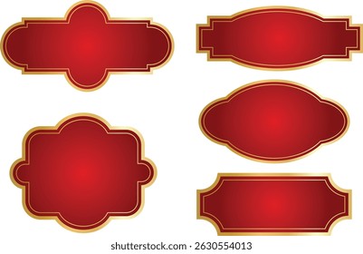 Set blank retro vintage red labels with golden frame on the transparent background. Badges shape collections. Vector illustration. Template for patch, insignias, overlay.