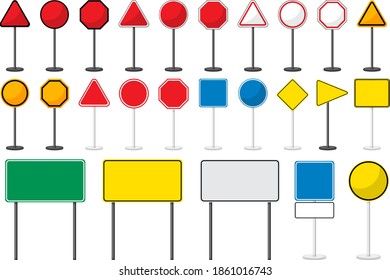 Set of blank road signs with stand isolated on white background illustration