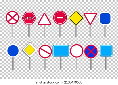 Set of blank road signs.
Road warning for driving. regulation
road traffic.Realistic templates on a transparent background. Vector illustration