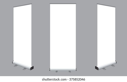 Set of Blank roll up banners display template isolated on gray background. Vector illustration. Mockup for design