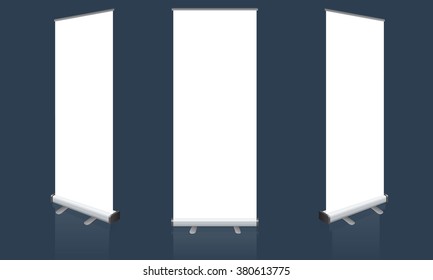Set of Blank roll up banners display template isolated on gray background. Vector illustration. Mockup for design