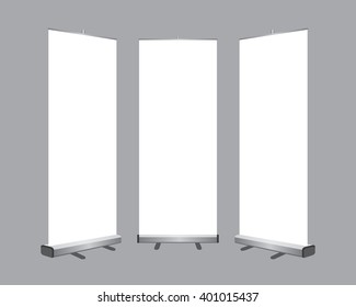 Set of Blank roll up banners display template isolated on gray background. Vector illustration. Mockup for design