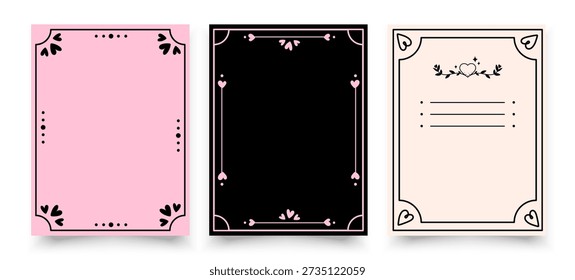 Conjunto de modelos de cartão romântico em branco com coração e bordas ornamentais em tons de rosa, preto e bege para convites, cartões, notas de amor, papelaria digital, designs imprimíveis.Vetor