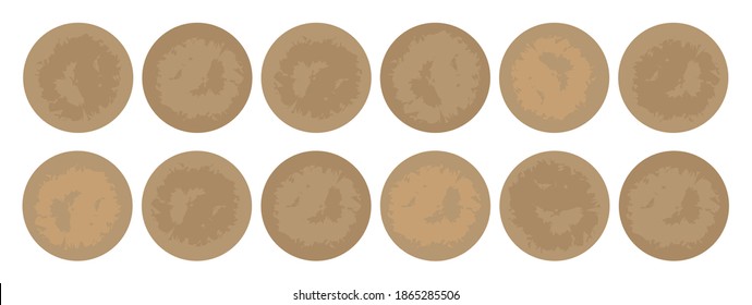 Set of blank round craft labels. Texture of realistic brown yellow kraft paper cardboard material. Circular stickers for placing pictures or text. Product Stickers.