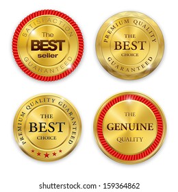 Set of blank round polished gold metal badges on white background. Best Seller. The Best Quality. Premium quality guaranteed. The Genuine Quality. Vector illustration. 