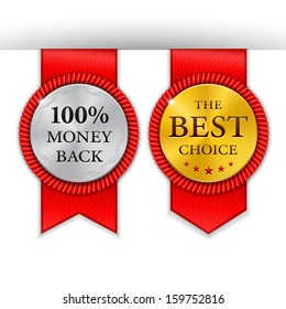 Set of blank round polished gold metal badges with ribbons on white background. The Best Choice. 100% Money Back. Vector illustration. 