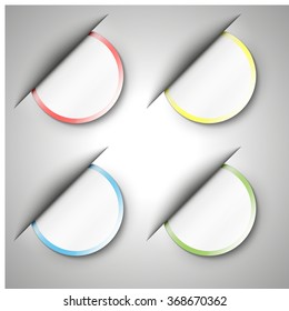 Set of blank round realistic labels. Origami paper infographic colorful banners set. Annotation ribbon. Design shape. Speech talking cloud. Vector label tag. 