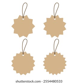 Set of Blank Round Starburst Edged Kraft Paper Hang Tags. Flat Design Illustration.