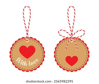 Set of blank round tag, label with bow, ribbon, heart. Kraft paper background, for gift tied up with cotton red rope bakers twine. Packing string for present for Valentine's day. Isolated vector EPS10