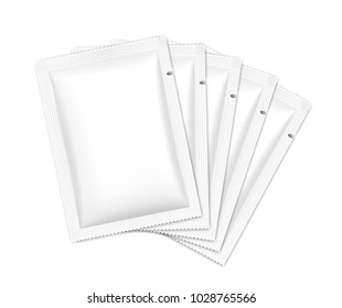 Set of blank sachet packaging for food, cosmetic and hygiene. Vector illustration on white background. Ready for your design. EPS10.